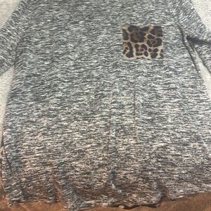 Gray Knit Top with Leopard Pocket